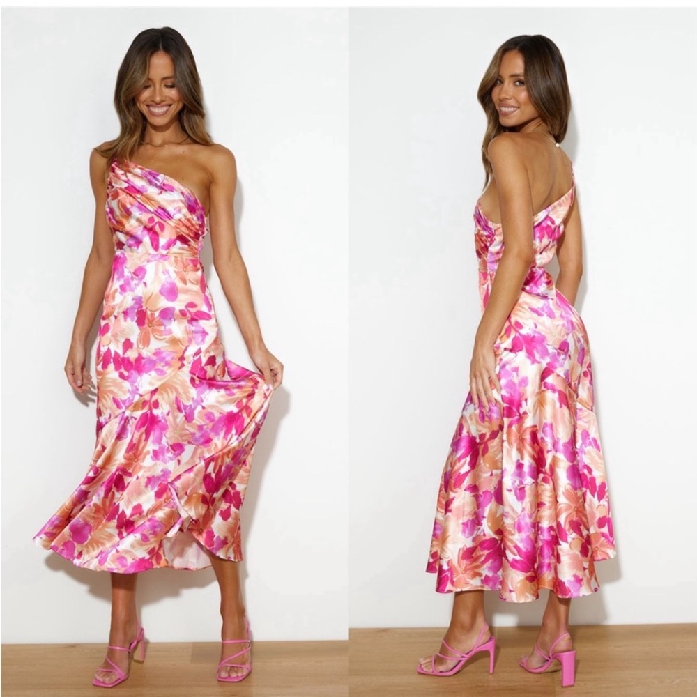 HELLO MOLLY Pink/Purple One Shoulder Wedding Guest Maxi Dress